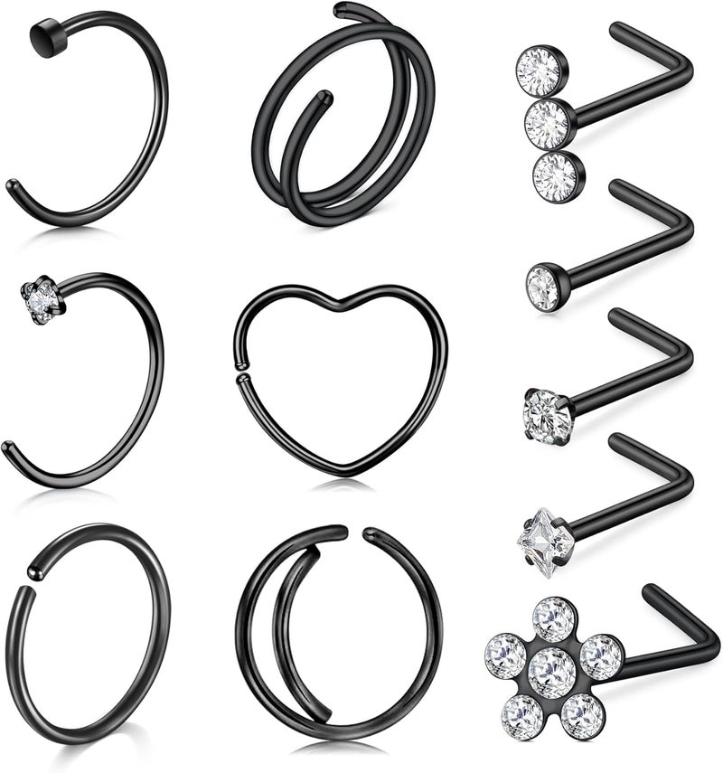 QWALIT 18g & 20g Nose Rings & Hoops - L & C Shape Studs - Surgical Stainless Steel & Silver Nose Piercing Jewelry - Rose Gold & Black - For Women & Men - Image 1